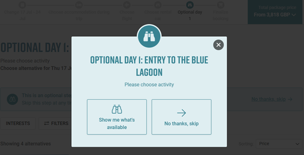 optional step online modal in bookingflow